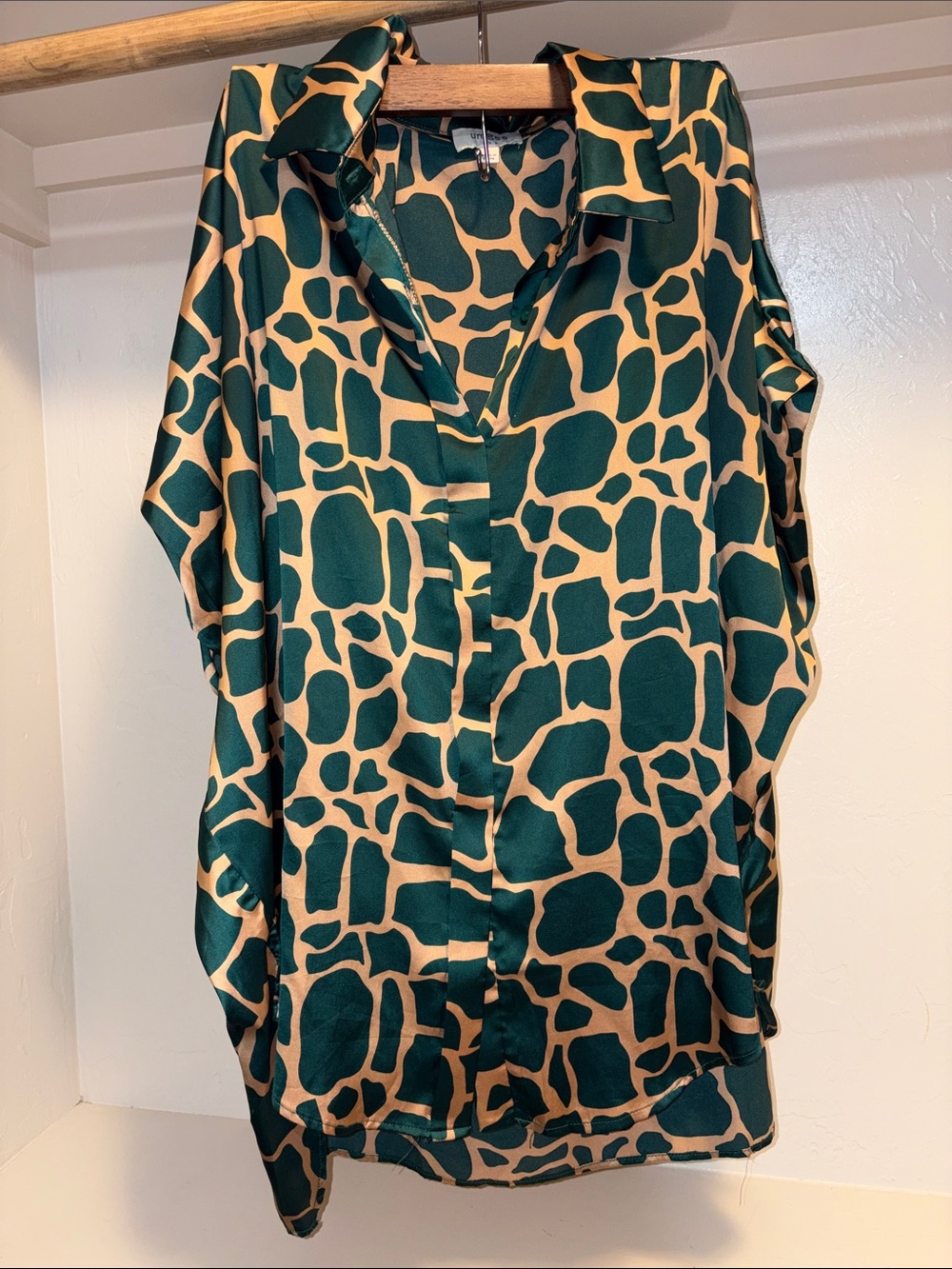Umgee Green and Tan Animal Print Button-Front Blouse